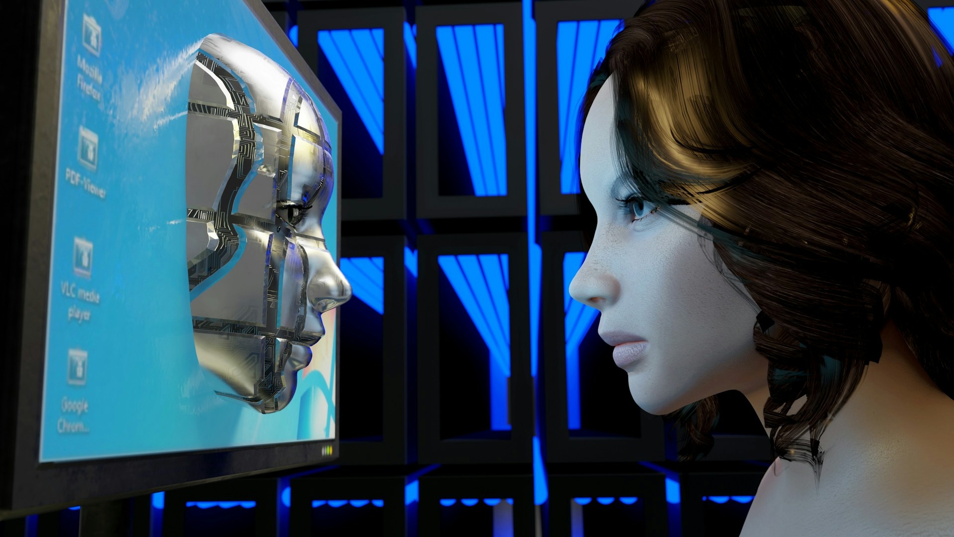 a-female-mannequin-is-looking-at-a-computer-screen