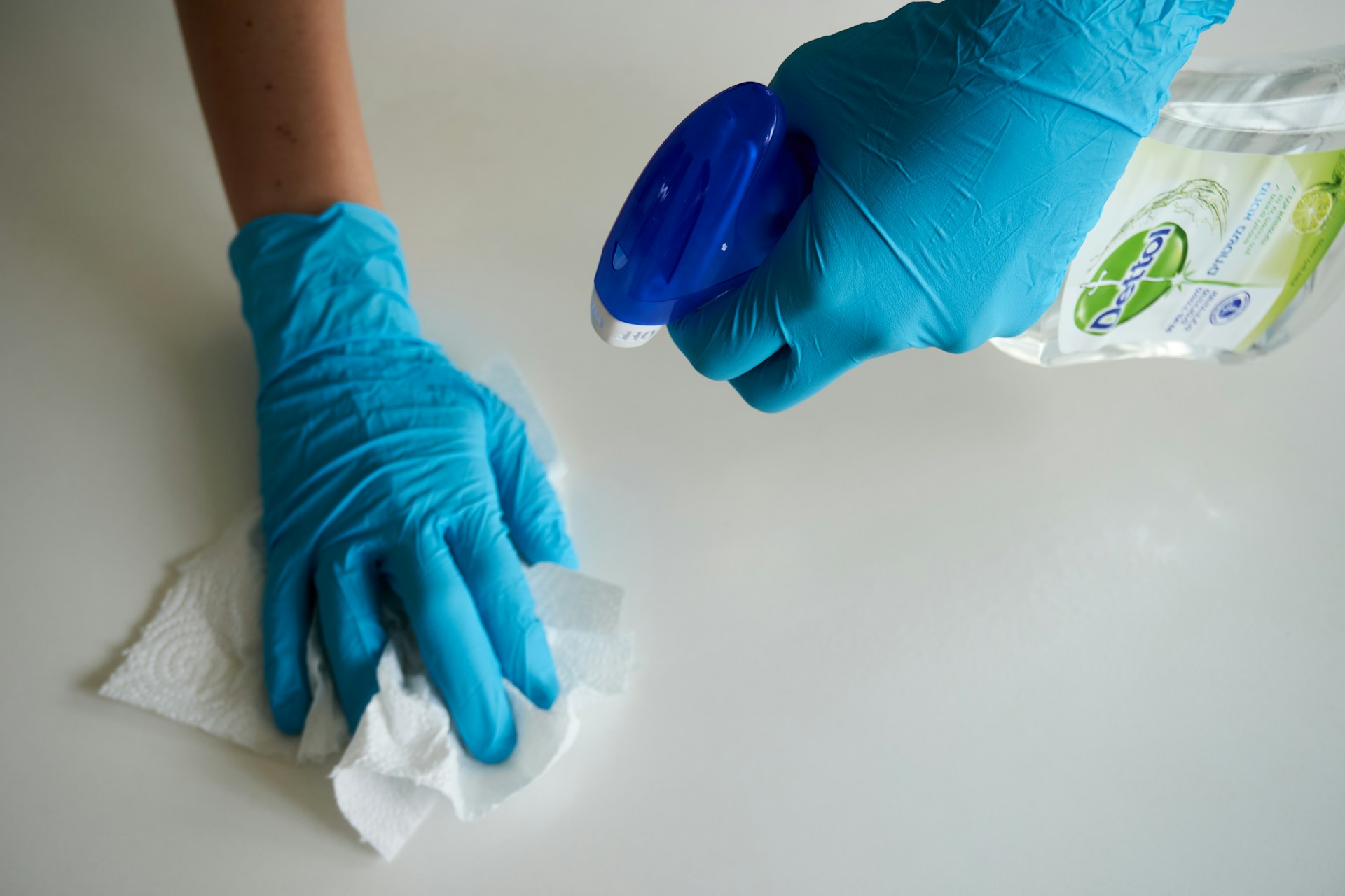 person-in-blue-gloves-holding-white-textile