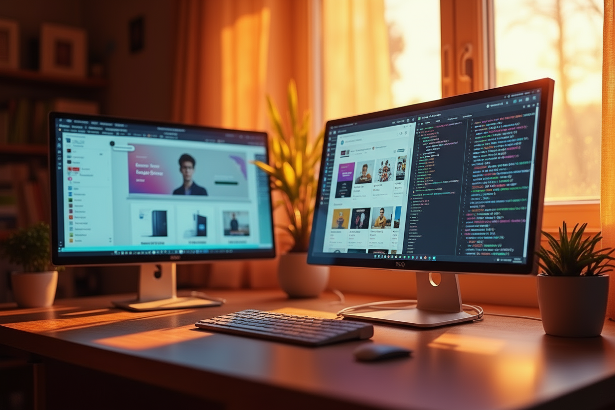 Two monitors are on a table, with the left monitor revealing a marketplace website and the right monitor showing PHP code used to modify a separate marketplace window